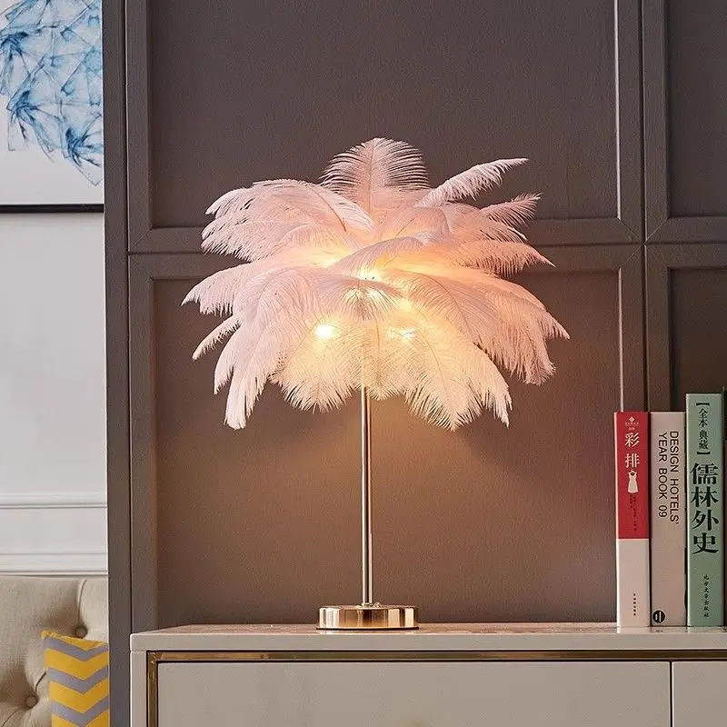 Rechargeable Ostrich Feather Table Lamp with Golden Frame, 40 Feathers, 3 Lighting Modes, USB Port & Cable, 2000mA Battery, Adjustable LED Desk Night Light for Bedroom, Dining Room Home Decor, Led Lights
