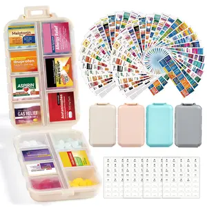 14 Grids Travel Pill Medicine Organizer Box with 415 Pcs Labels - Pocket Daily Reminder Case Container Kit - Healthcare Medication Holder Dispenser