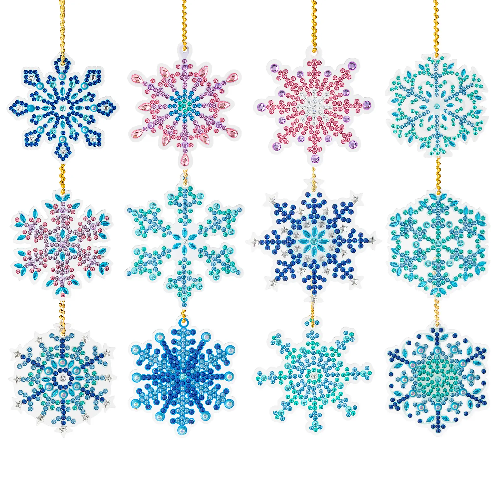 12 Pcs 5D Full Drill Diamond Painting Decor Ornaments, Festive DIY Acrylic Christmas Tree Hanging Pendants with Gold Chain, Winter Holiday Snowflake Window Suncatchers (Multi-Color)