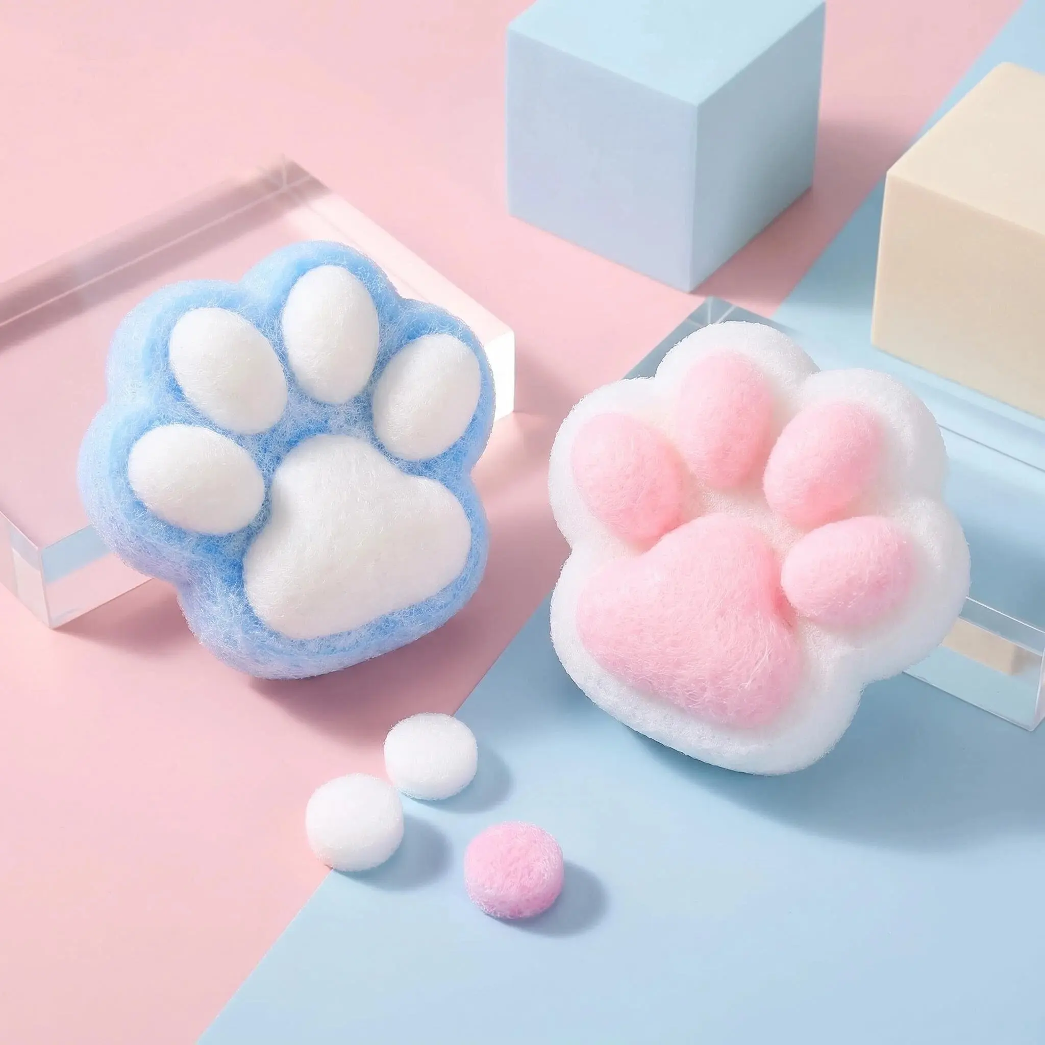 Cute Cat Paw Squishy Toys, Soft Fluffy Slow Rising Stress Relief Squeeze Balls, Kawaii Fidget Toys for Anxiety, Hand Therapy, Sensory Toys for Kids & Adults, Pink/Blue Cat Paw Stress Toys for Desk & Office