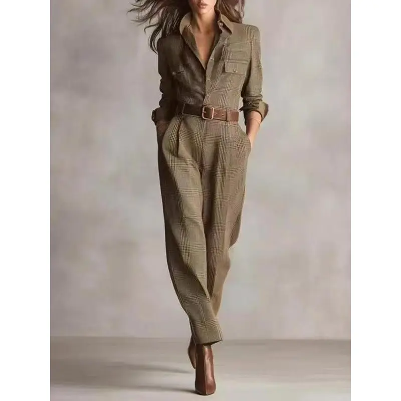 Women's Classic Vintage Plaid Utility Jumpsuit, Retro Style One-Piece Romper, Casual Fashion Overall for Ladies Can be used with raincoat