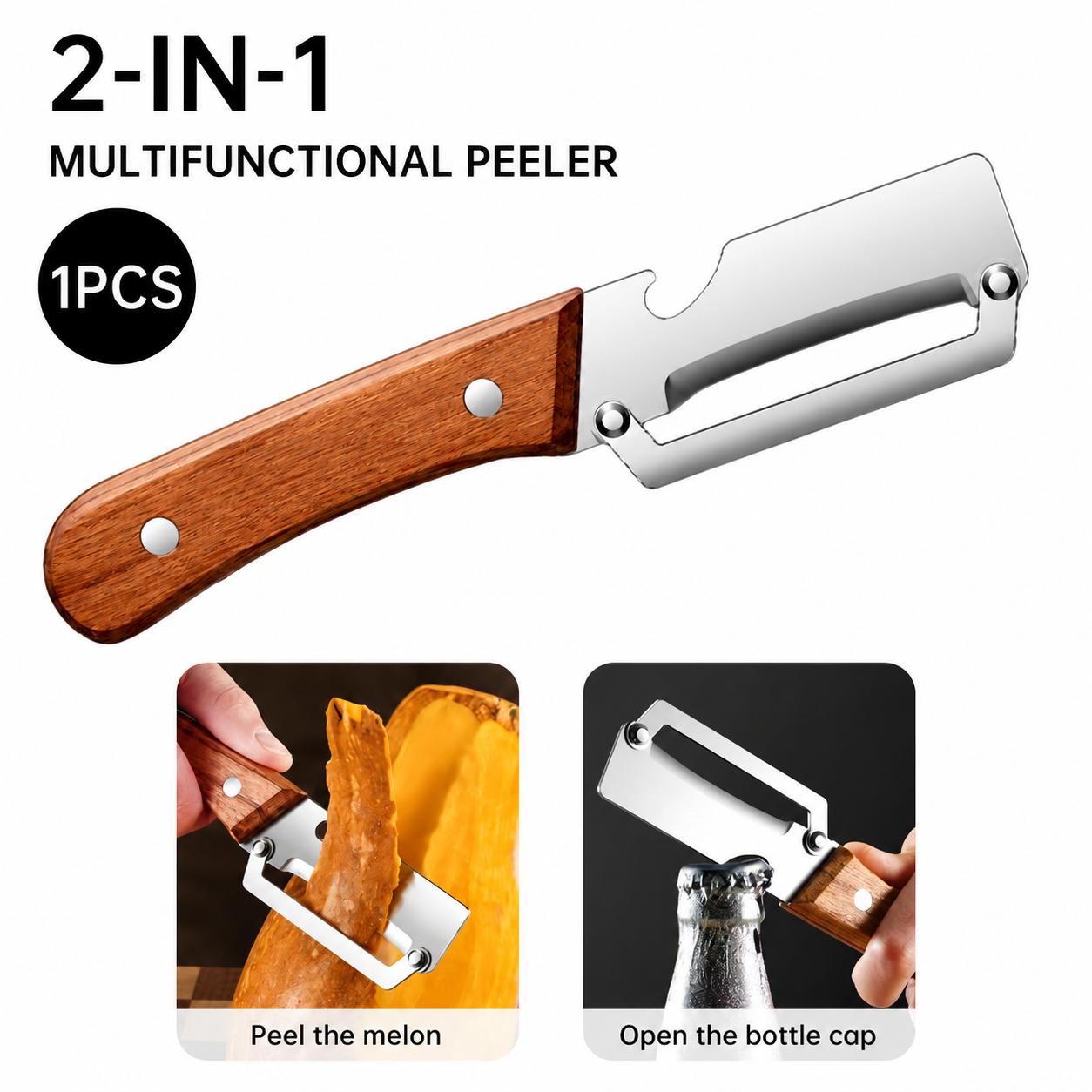 (Upgraded Thickened Version) Wood Handle Multifunction Kitchen Peeler – Peel, Slice, Scrape & Bottle Opener Tool