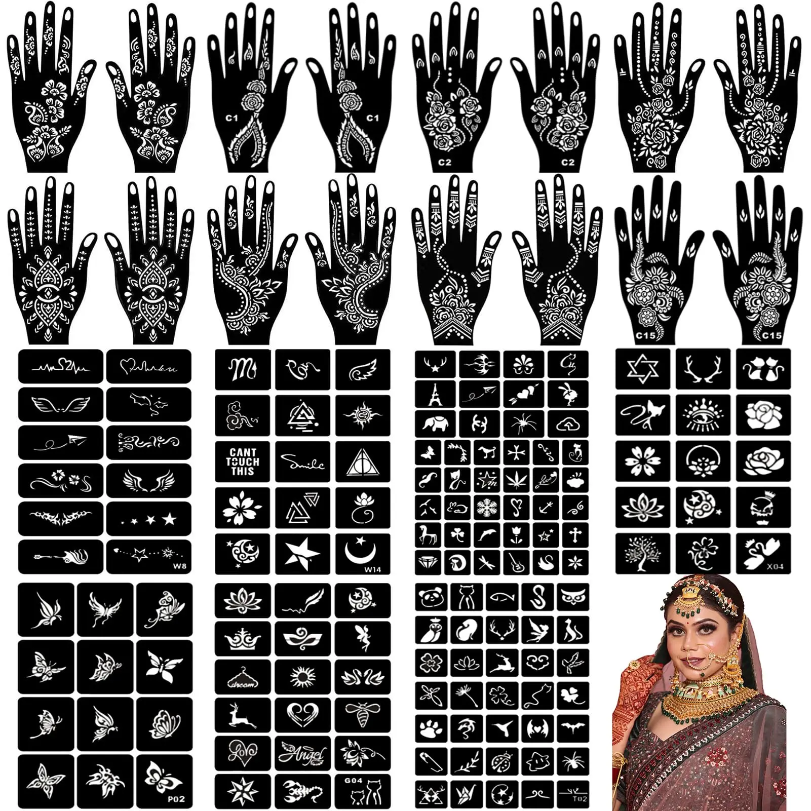 Henna Tattoo Stencil Kit 165+pcs, 23 Sheets Henna Stencils Glitter Airbrush Reusable Temporary Tattoo Stencils Indian Arabian Realistic Tattoo Stickers for Face Body Paint DIY