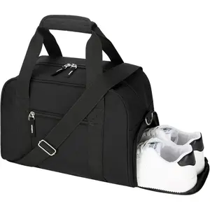 14 inch Small Gym Bag for Men & Women, Mini Duffle Bag with Shoe Compartment, Carry On Duffel Bag for Travel Sports, Black