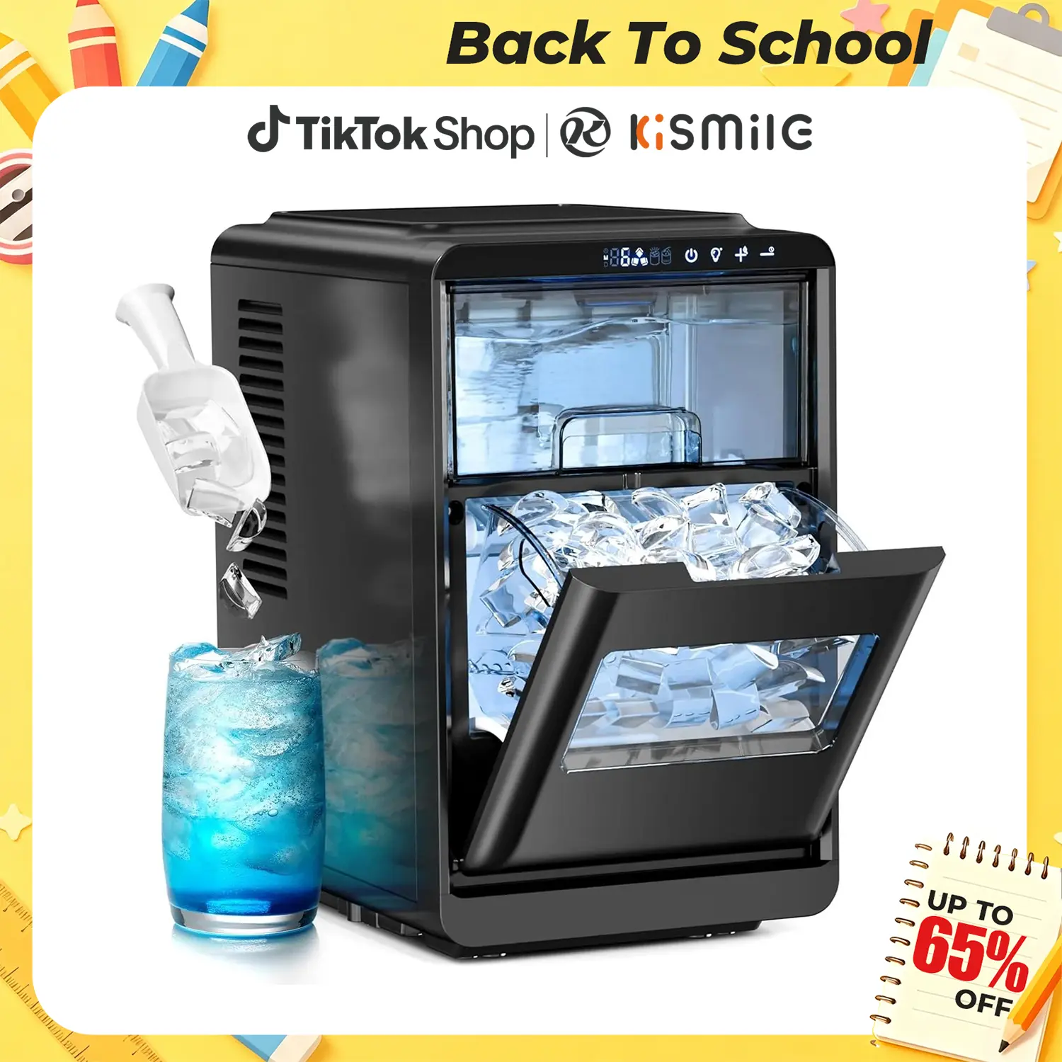 Back To School - Kismile Crescent-Shaped Ice Maker Countertop, Self-Cleaning Portable Ice Machine with LED Display, Fast Ice Making for Seafood/Home/Office/Bar
