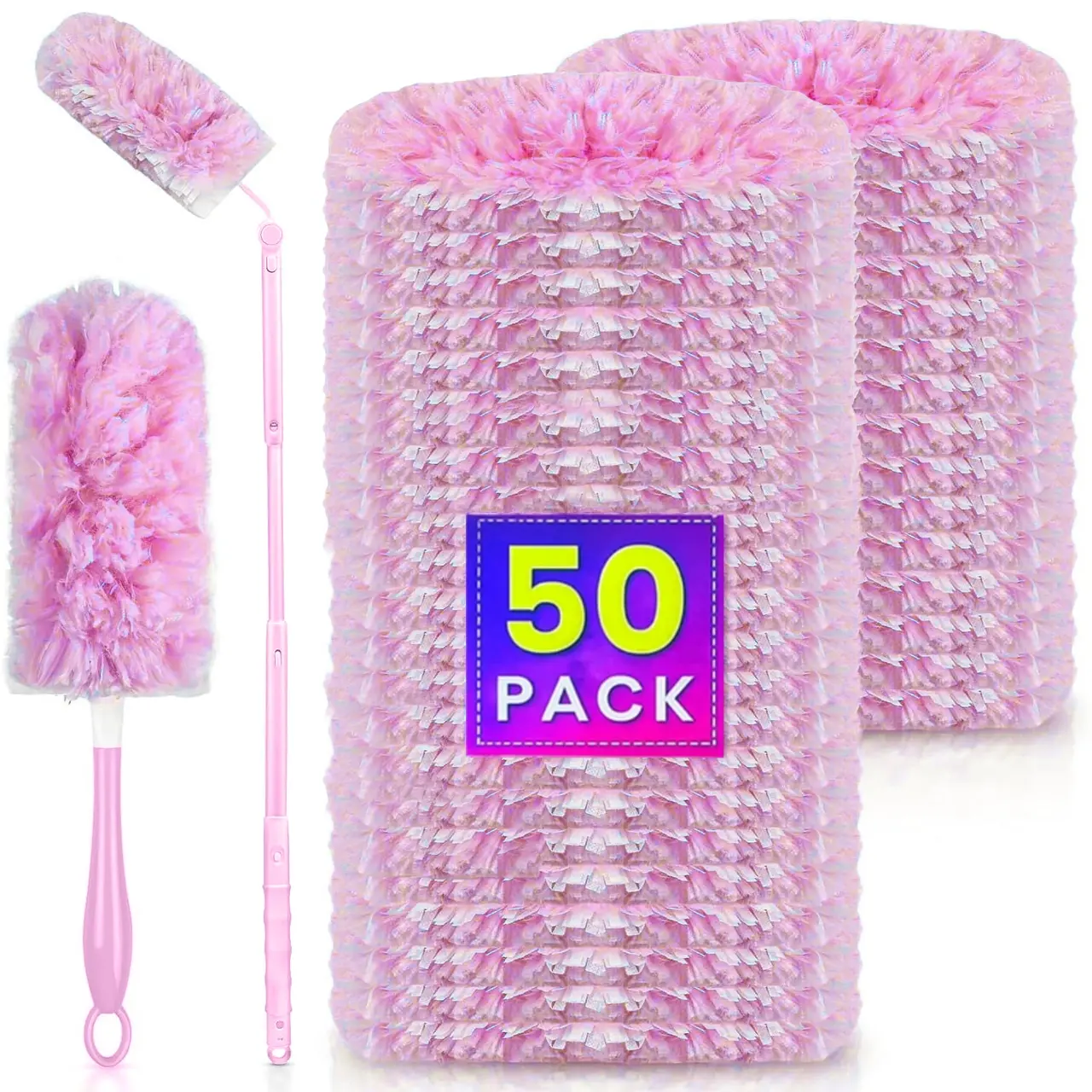 50 Count Heavy Duty Duster Compatible with Swiffer Duster, Disposable Microfiber Duster Refills with 1 Short Handle and 1 Extendable Handle Cleaning Light Pack Gloves,dorm essentials,home essentials