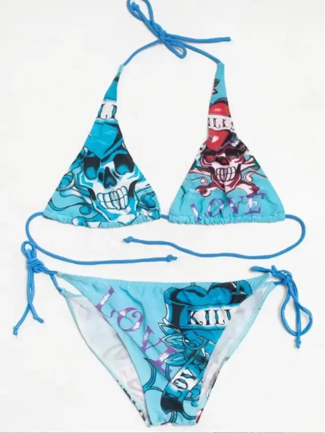 Inspired Skull Love Kills String Bikini Set – Turquoise Blue | Skull & Heart Tattoo All-Over Print | Halter Tie Top & Side-Tie Bottom | Y2K Vintage Grunge Swimwear | Women's Summer Beach Festival Outfit & Gift for Her