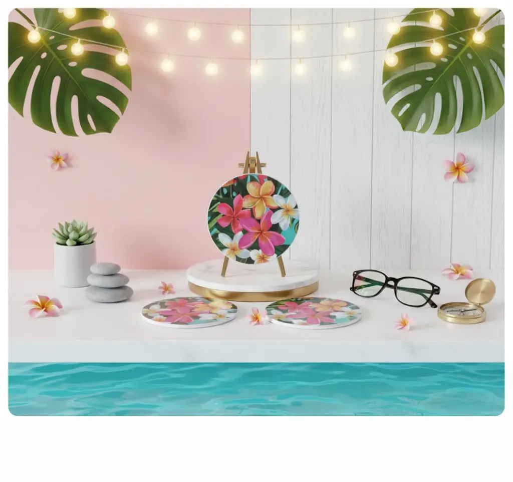 Classic Plumeria Drink Coasters – Pink & White Hawaiian Floral on Teal | Slate, Bamboo Wood, Glass, Leather & Sandstone | Set of 4