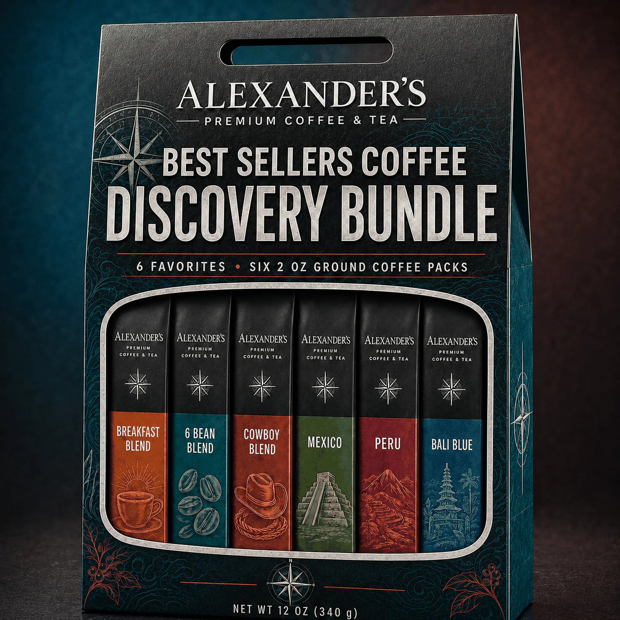 Alexander's Premium Coffee & Tea Best Sellers Ground Coffee Sampler, 6 Coffees x 2 oz, 12 oz Total, Roasted to Order