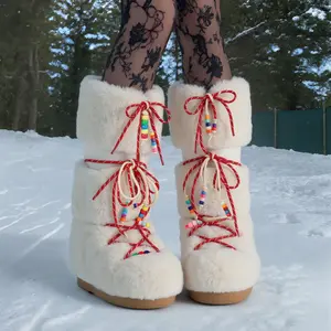 Women's Soft Snow Footwear Boots - Faux Fur Lining, Colorful Beaded Laces, Comfortable Festive Style for Christmas Winter Shoe Wear, Footwear Boot