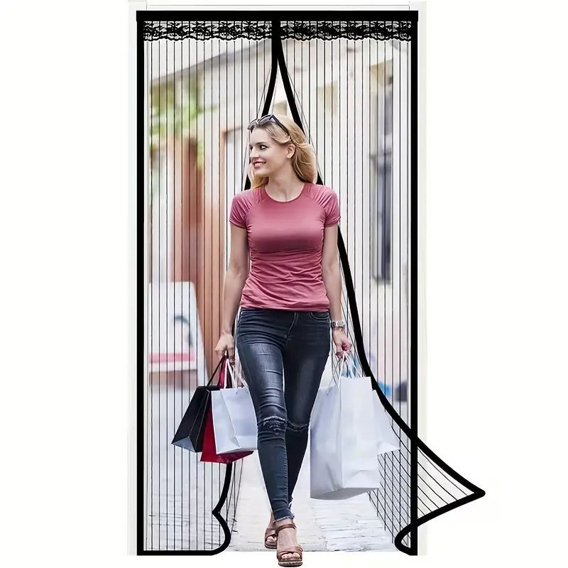 AIYYIPA Magnetic Screen Door Curtain, Magnetic Closure, Breathable Black Striped with Lace Top Mosquito Net, Thickened and Scratch-Resistant, Pet-Friendly, Easy to Install, Suitable for Kitchen, Bedroom, Balcony, and Entry