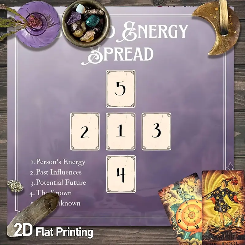 5-Card Energy Tarot Spread Tablecloth, Rectangle Tablecloth, Purple Divination Cloth with Person's Energy Layout, Altar Cloth for Oracle Cards, Psychic Reading, Witchcraft Rituals, Wiccan Home Decor, Durable Polyester Material Protective Card Surface