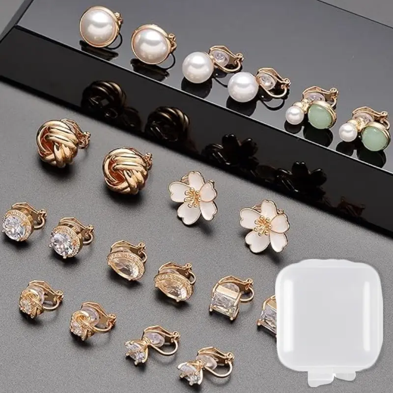 10 pairs minimalist rhinestone pearl ear clip set with 10 mini storage boxes, Clip On Earrings for Women Non Pierced Earrings, Casual Earring Clip, Multi-Earring Jewelry Sets