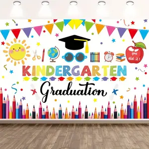 Summervibes 1PC,2D Flat Backdrop Kindergarten Graduation Backdrop, Kids' Grad Party Decoration Banner, Colorful Pencils, Sun, Apple Themed Photo Background, Kindergarten Graduation Season Themed Decor Supplies, Reusable,summervibes
