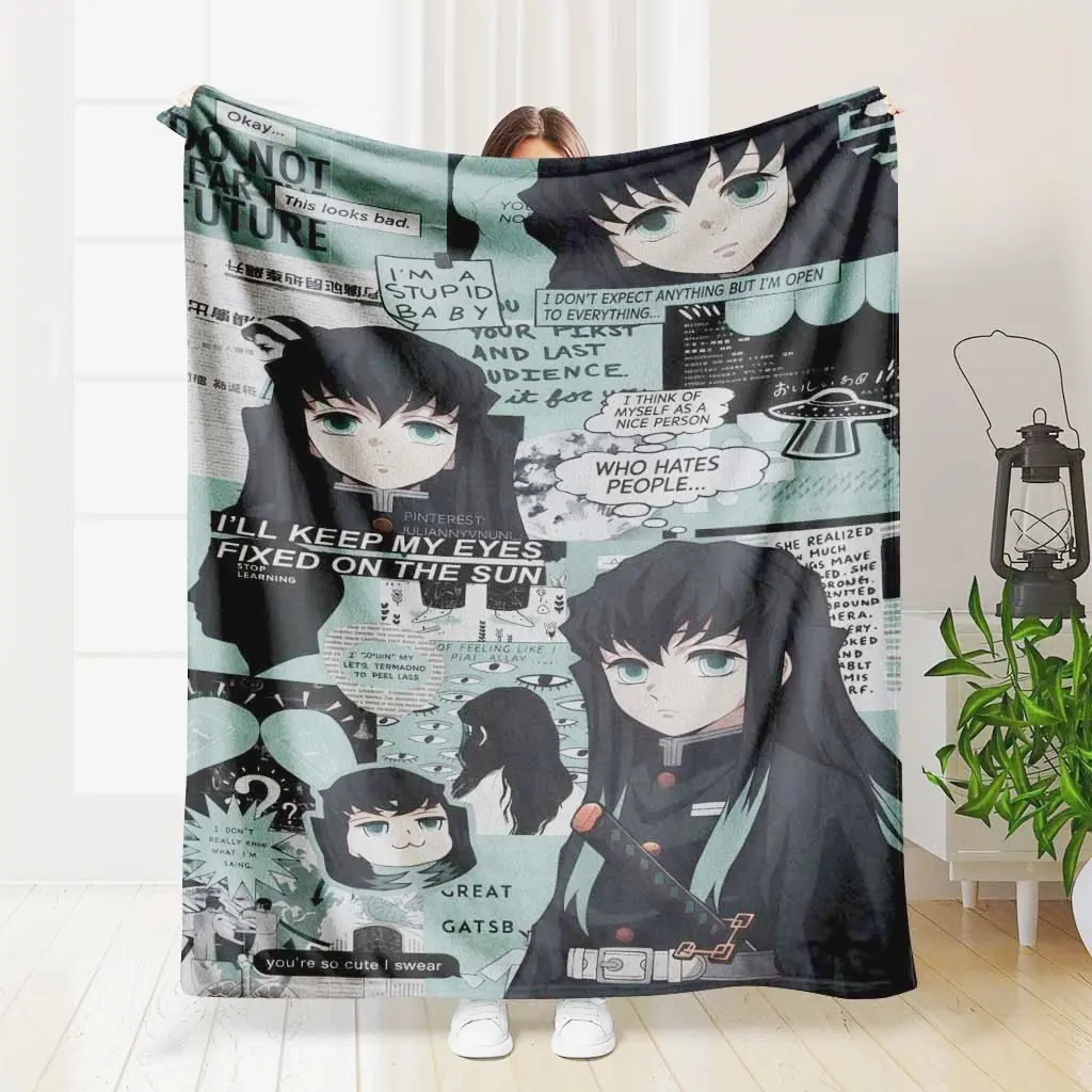 Cool Anime Demon Slayer Blanket Muichiro Tokito Grunge Aesthetic Print Soft Flannel Fleece Throw Mist Hashira Collage Pattern Gift For Otaku