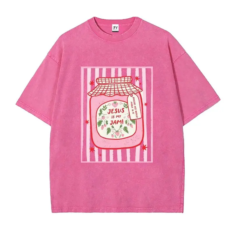 Jesus Is My Jam Strawberry Jam Jar Graphic T-Shirt, Pink Washed Christian Tee with "Make His Mercy Known" Tagline