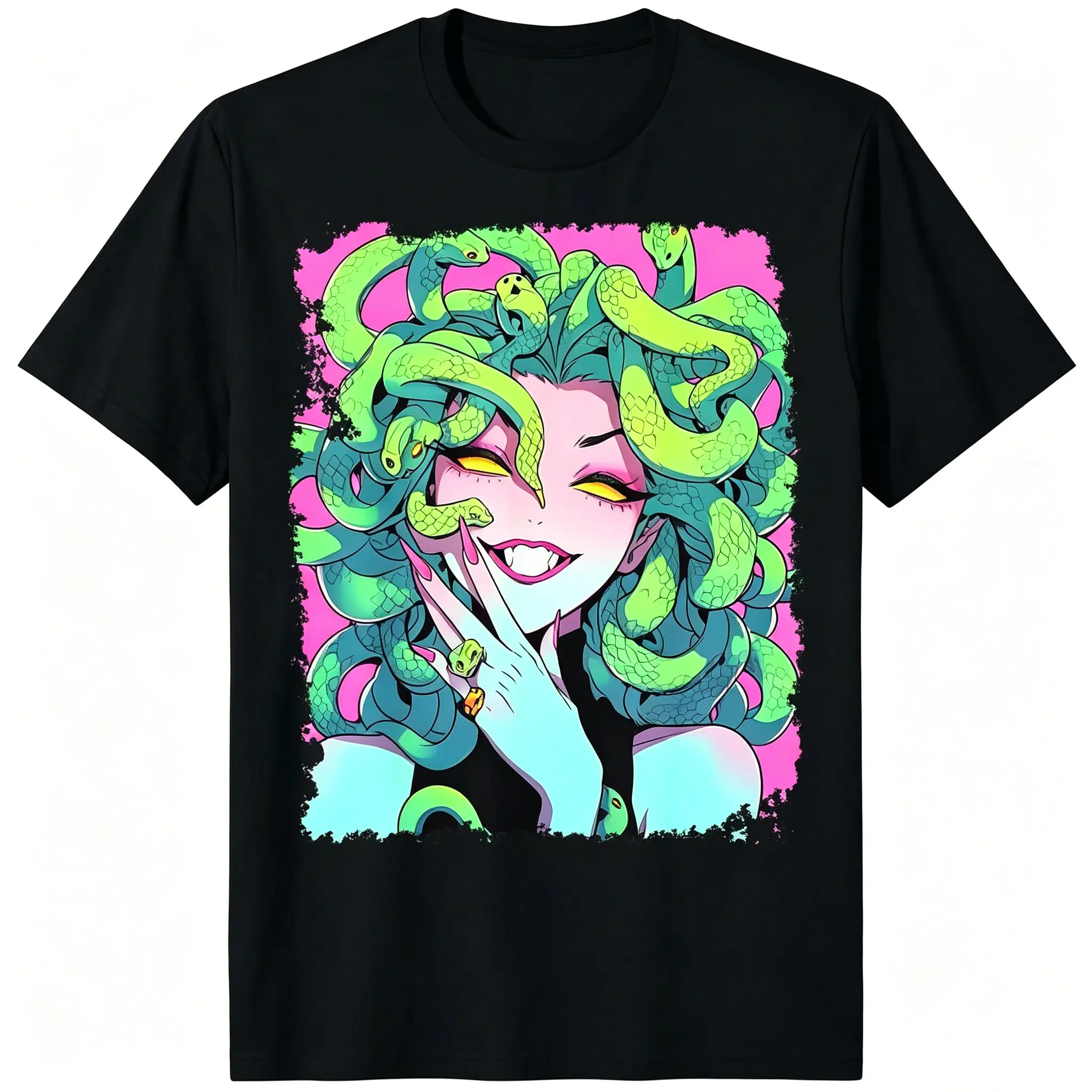 Men's Greek Mythology Medusa T-Shirt with Neon Green & Pink Snake Hair, Greek Key Gorgon Face Design - Loose Fit Crew Neck Casual Tee for all-Season Wear, Iconic Medusa Pop Culture Shirt for Parties & Everyday (Machine Washable)
