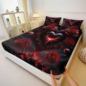 3Pcs Gothic Floral Heart Fitted Sheet Set, Dark Surreal Red Heart & Vibrant Roses Print, Soft and Durable Bedding, Perfect for a Dramatic Bedroom Makeover and Unique Home DecorIncludes 2 Pillowcases, No Pillow Core