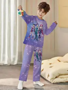 Purple Dynamic Anime Girl 2-Piece Boys' Digital Printed Long-Sleeve Pajamas with Long Pants, Flame-Retardant Fabric. A stylish, trendy, casual, comfortable and soft pajama set, suitable for sleeping and home leisure. Made of 100% polyester, perfect for bo