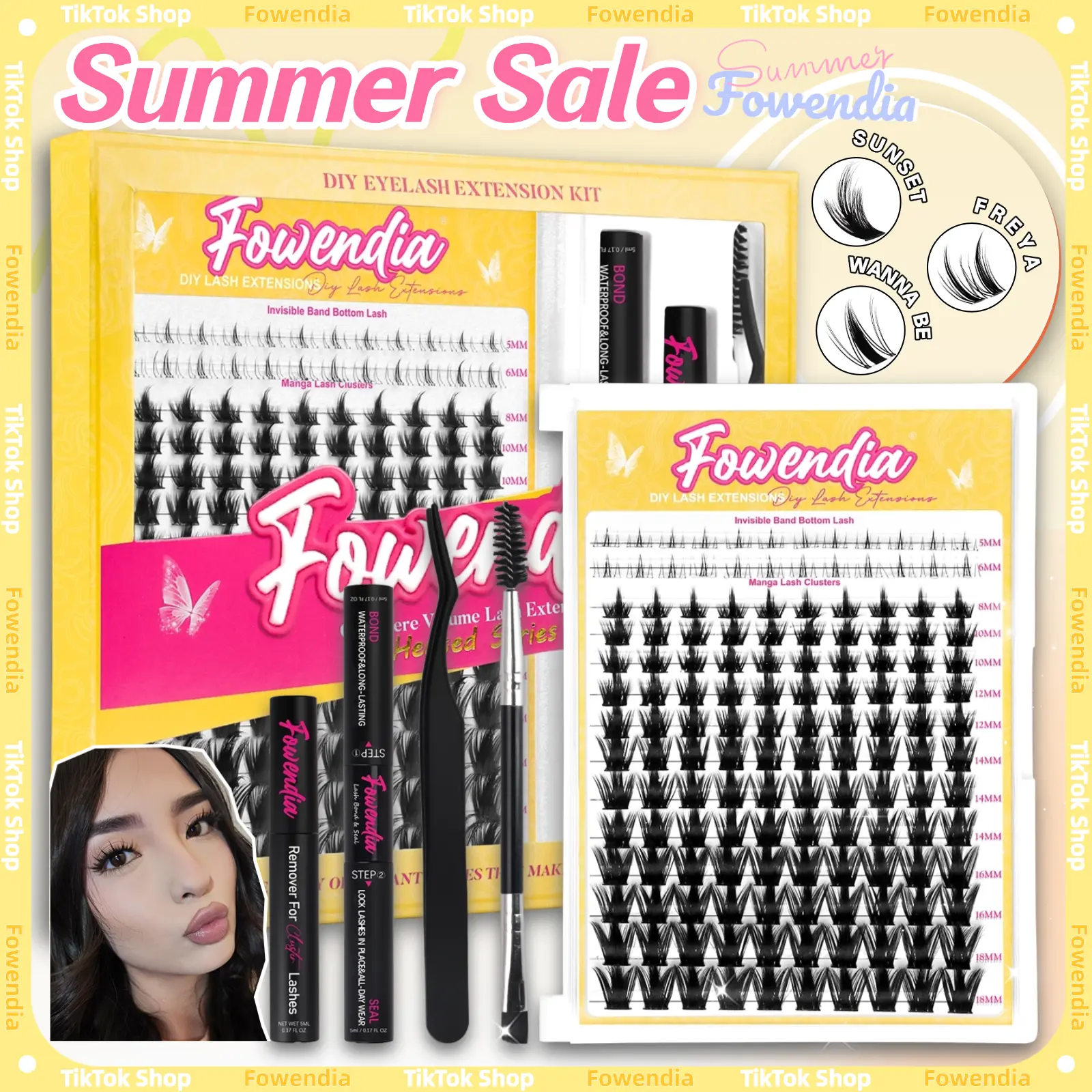 Fowendia California Sunset Wanna Be Freya Manga Lashes Cluster C D Curl DIY Lash Extension Kit and Lash Clusters 8-18mm with Bond Seal and Remover - Ultra-Thin Transparent Bands, Lash Magic Anime False Lash Extension Kit dealsforyoudays