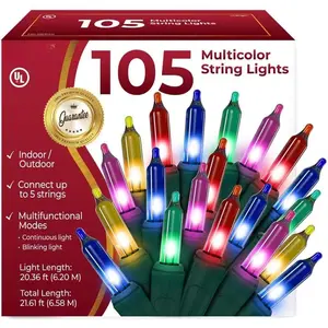 Warm Multi Color Christmas Lights - 20 ft String of 105 Incandescent Mini Bulbs Multifunctional Lighting Modes, for Decorative, Bedroom, Outdoor, Xmas Twinkle Tree Lights with Green Wire Total 21.6 ft