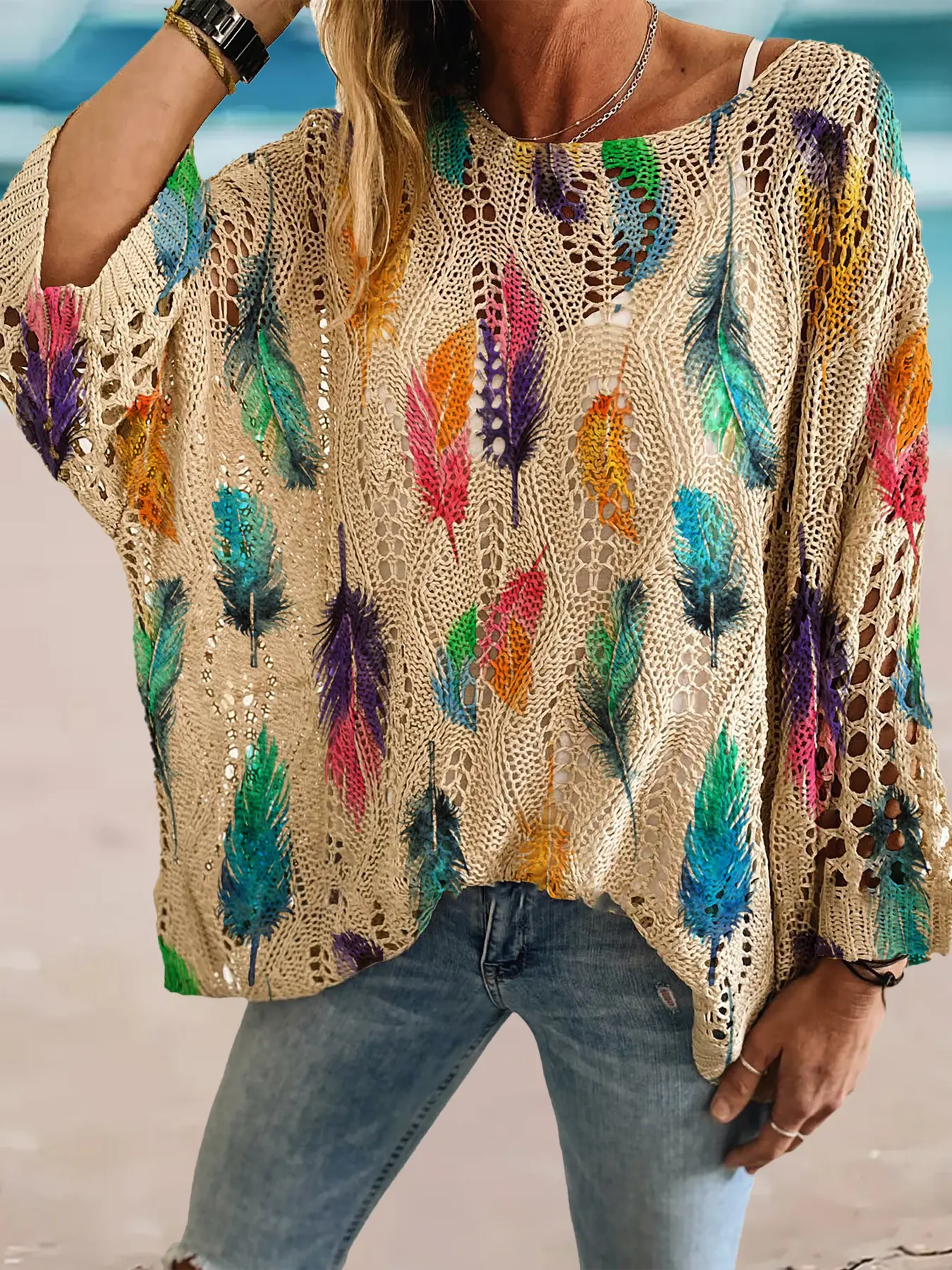 Spring and summer round neck diamond hollow batwing sleeve knitted cardigan, feather print, versatile for commuting and vacation, bikini cover-up, Swimwear Cover Up, Beach Cover Up, loose drop shoulder and figure-flattering, Beach Coverups.