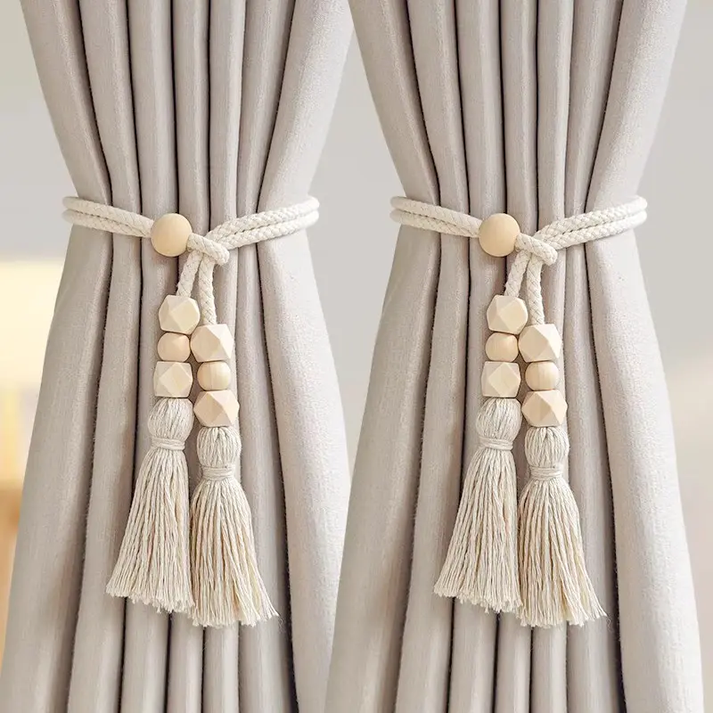 2pcs Cream Wind Geometric Wood Bead Curtain Tiebacks, Cotton Rope Fringe Decorative Bow Belt, Interior Decoration Accessories, Versatile for Living Room Bedroom