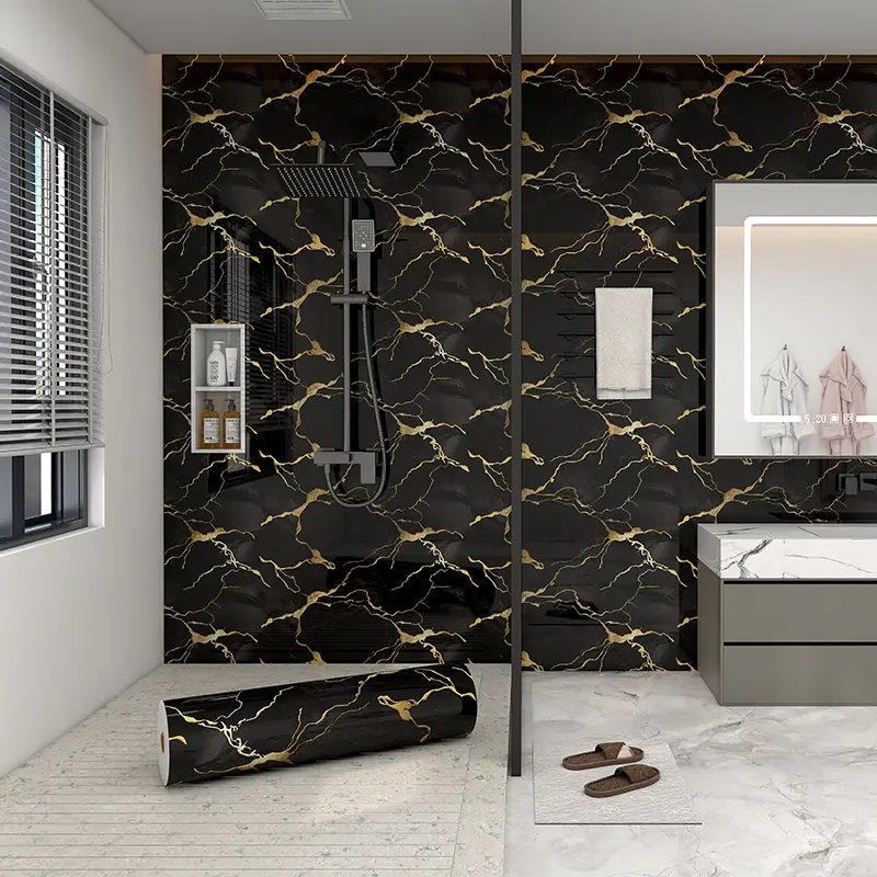 23.62in*118.11in Self-Adhesive Marble Wall Sticker Roll, Black Gold Peel and Stick Wallpaper, Waterproof Removable Contact Paper for Bedroom,LivingRoom,Kitchen and Bathroom