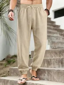 Men's linen tie-waist sweatpants - Lightweight, slightly wrinkled linen fabric, elasticized ankle cuffs design, stylish loose fit. Perfect for outdoor beach vacations, summer outings, daily casual wear and street style.