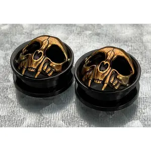 PAIR of Gold Skull with Fangs Black Screw Fit Tunnels /Plugs - Gauges 0g (8mm) thru 1" (25mm)