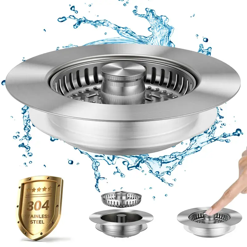 【summervibes】Upgraded 3 in 1 Kitchen Sink Drain Strainer Stopper, Brushed Stainless Steel SUS 304 Pop Up Sink Drain Stopper for Standard 3-1/2 Inch Drain Anti-Clogging Odor Prevention