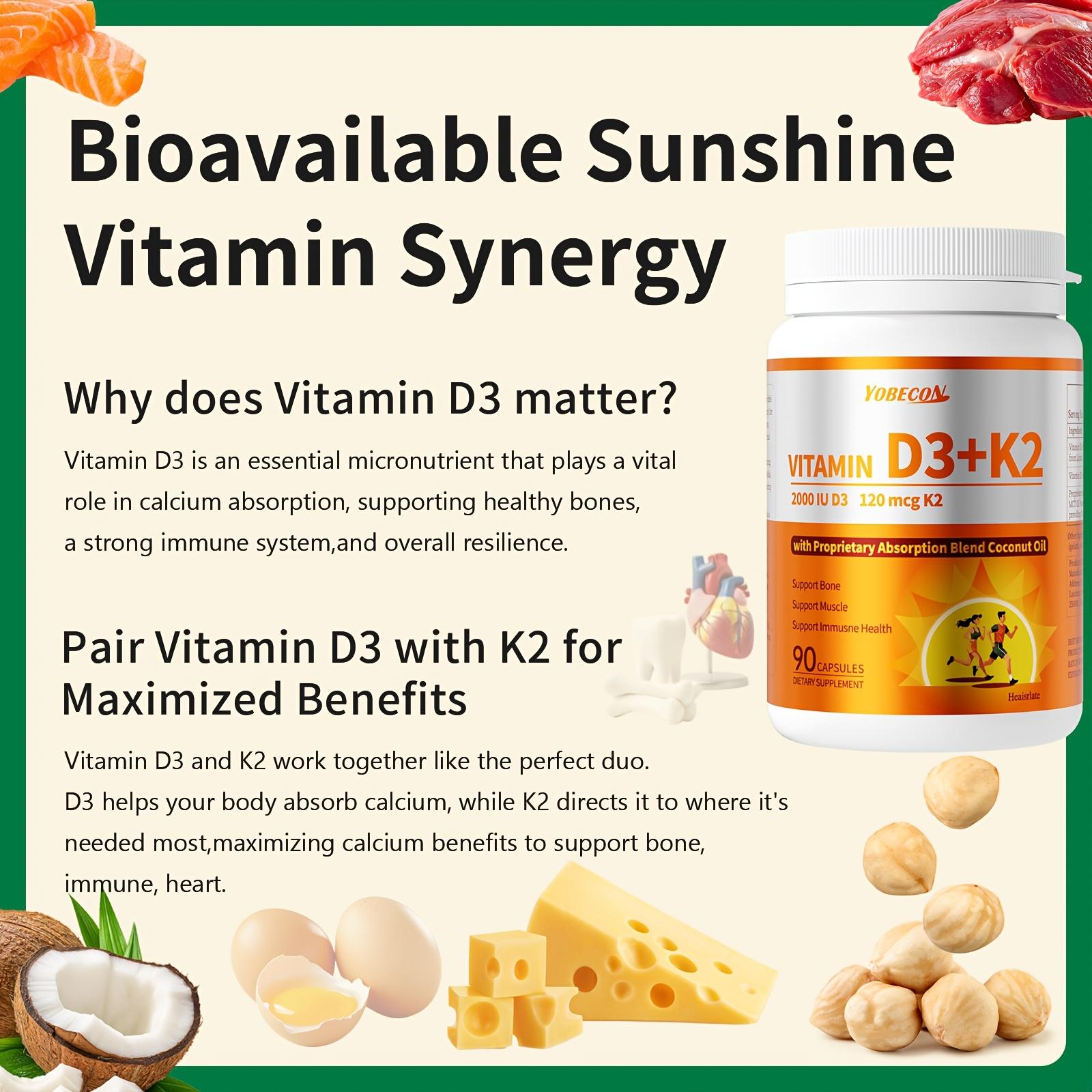 Vitamin D3K2 Supplement, 90-day supply, 2000 IU D3, 120mcg K2 (including MK7), supports bone and dental health, dual nutritional support, daily care, easy to swallow - 90 capsules