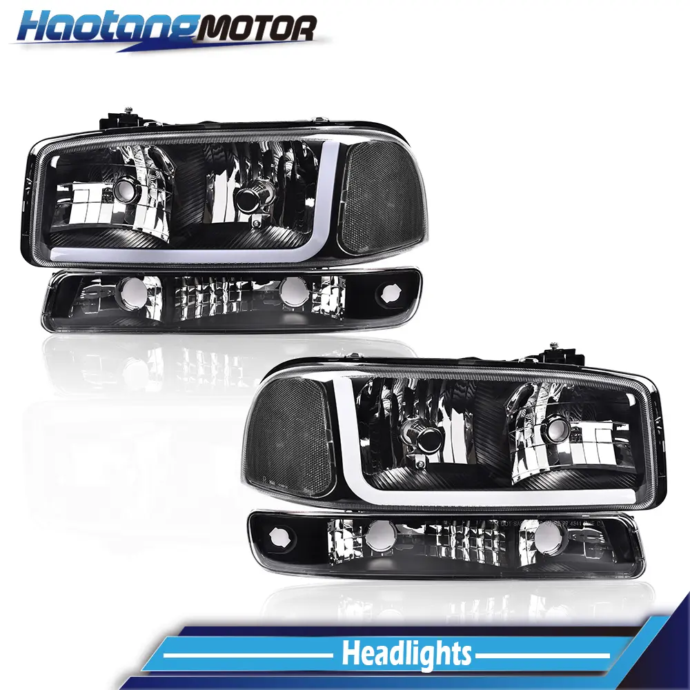 CROSSDESIGN LED Headlights with Bumper Lamps - Bright, Bolt-On Classic Fitting, UV Protected for Trucks (99-07 Sierra 1500/2500/3500, 00-06 Yukon XL 1500/2500) DRL Black/Clear