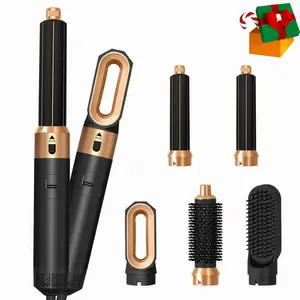 1PCS  black and gold 5-in-1 hot air brush with one-step heating, curling iron, interchangeable brush heads, hair dryer brush, professional styling made simple, quick, and easy to use Thermal Brush Straightener