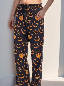 Men's Fashion Halloween Pumpkin Print Sleep Pants, Polyester Blend Comfortable Breathable Lounge Wear for Autumn Summer Spring Seasons