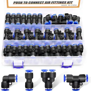 60PCS 1/4"OD Push to Connect Fittings Air Hose Fittings Quick Release Pneumatic Kit (15 Spliters,15 Elbows,15 Tee,15 Straight) for Air Line 1/4"Tube