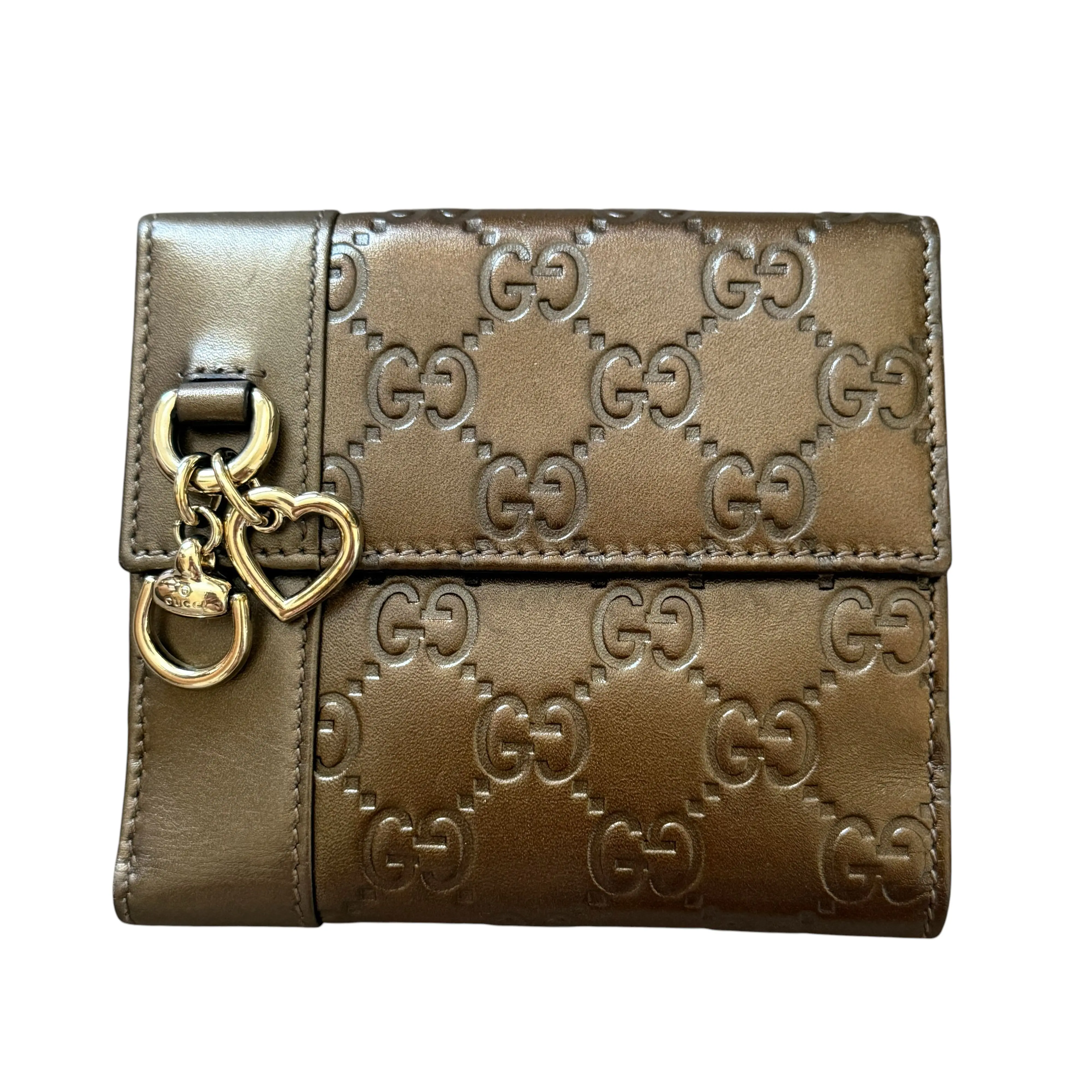 Pre-owned GUCCI Wallet Small Leather Goods GG monogram bronze leather compact authentic with COA and box