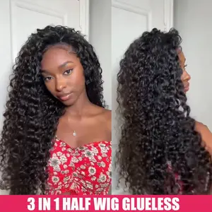 [3 IN 1 Half Wig] Glueless Human Hair Half Wigs Kinky Curly Upgrade 3 IN 1 Half Wig With Drawstring Seamless Clip Ins Flip Over Wig For Women Beginner Friendly