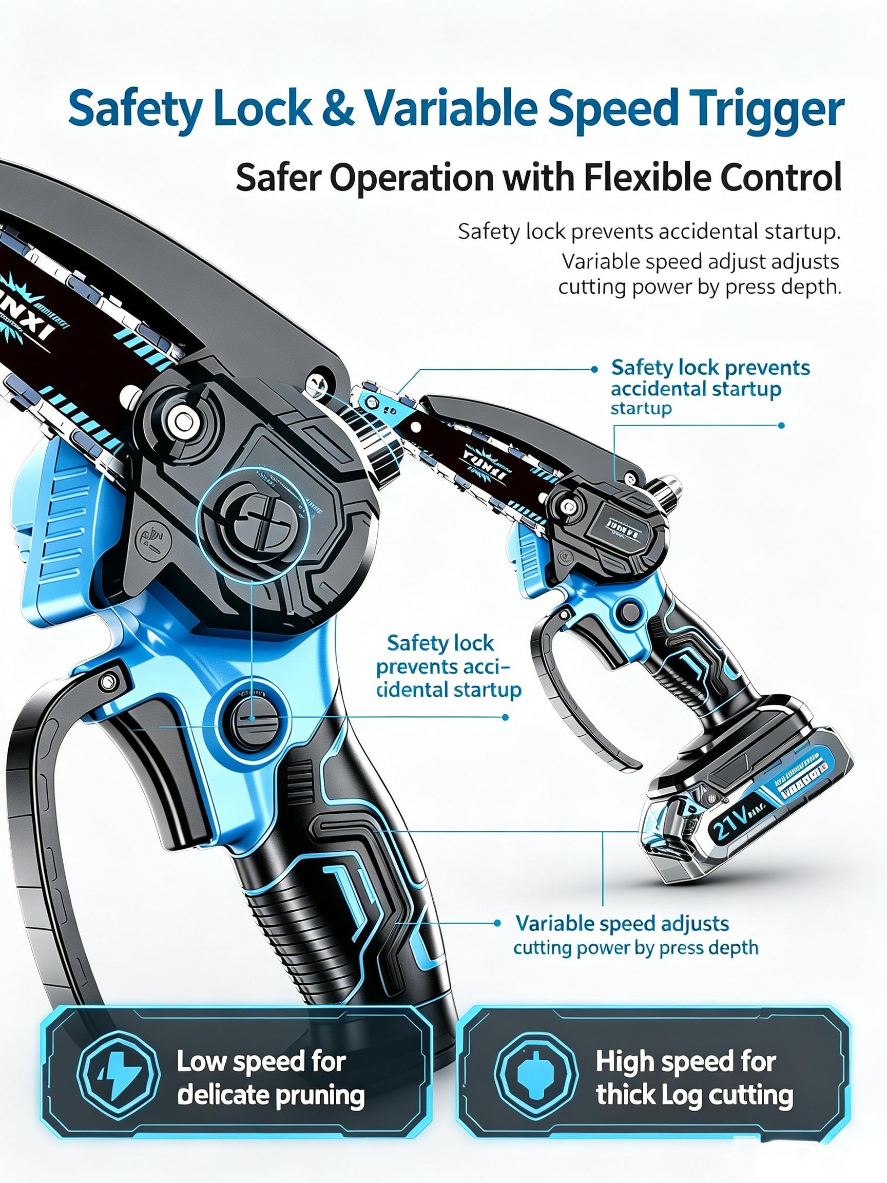 Yunxi 6-Inch Mini Cordless Chainsaw, 21V Max Rechargeable Lithium Battery Handheld Electric Saw with Safety Lock, Portable Lightweight 1-Hand Tool for Garden Yd Wood Cutting, Tree Branch Trimming