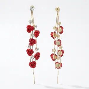 Glamorous Gold-Plated Long Dangle Earrings, Delicate Red Rose Flower & Cubic Zirconia (CZ) Rhinestone Chandelier, Hypoallergenic Trendy Statement Jewelry for Women, Perfect for Party Wedding
