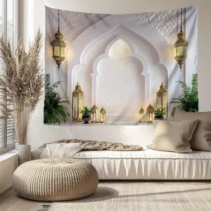 1PC Polyester 2D Flat Islamic Style Arch Lantern Plant Tapestry Wall Hanging, Home Bedroom Decor, Living Room Backdrop Banner, Birthday Photography Live Background Cloth