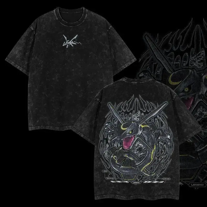 Men's Oversized Short Sleeve Round Neck Heavyweight Cotton T-Shirt Acid Washed Loose Fitting Cut Medium Length Rayquaza Anime Graphic Print Unisex Casual Streetwear Premium Comfort Top Perfect Gift For Pokemon Anime Lovers