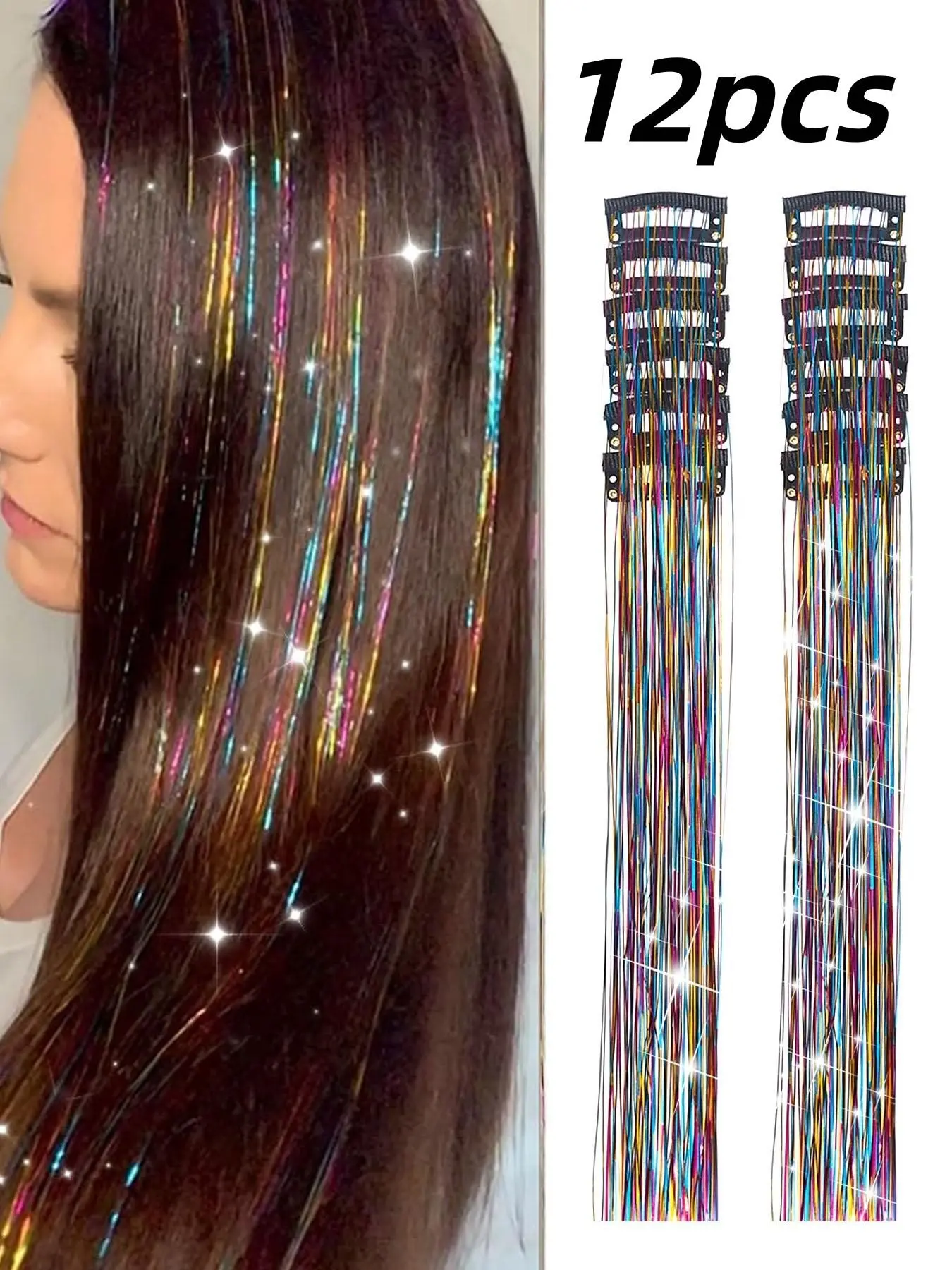 Fairy Hair Metal Wire Set, 12-Piece Clip-On Rainbow Hair Accessories, 20-Inch Sparkling Glitter Hair Extensions for Women & Girls, Festive Hair Accessories, Holographic Hair Tinsel Kit