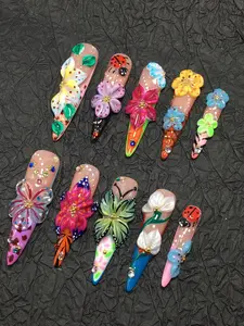 10pcs Handmade Stiletto Press-On Nails Set, Nude Pink Base with Three-Dimensional Floral, Butterfly and Ladybug Motifs, Rhinestone and Bead Details, Full Cover False Nails for Daily Styling