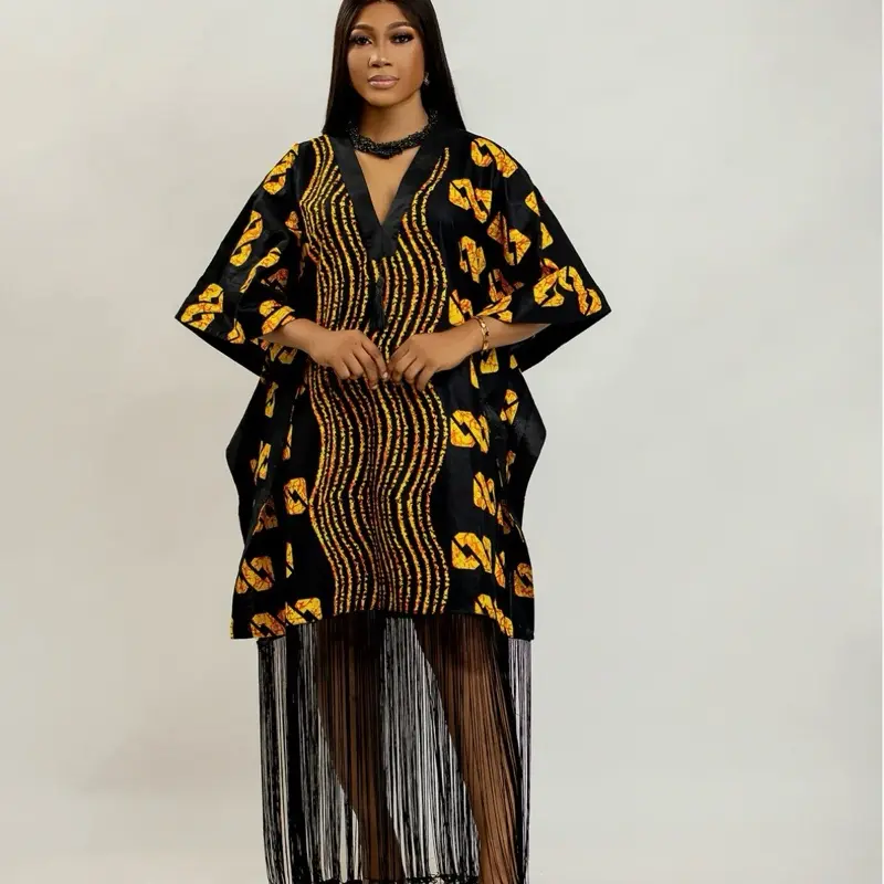 Asiwaju Ankara Print with Fringe and Tassel Statement Dress