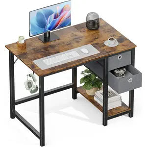 Small Computer Desk with Drawers 40 Inch Office Writing Work Kids Study 2-Tier Wood Corner Table with Storage Drawers Shelf for Bedroom Home Office - Rustic Brown