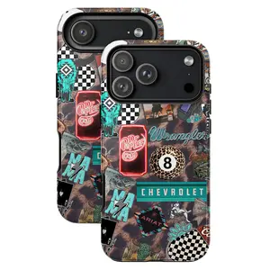 Western Rock Collage Phone Case, leopard whiskey rose cowboy hat dice flame retro rustic Americana edgy vibes baby girl baddie fashion vibes no bad vibes aesthetic gift play now, iPhone 17 16 15 14 13 12 Pro Max Gift Idea