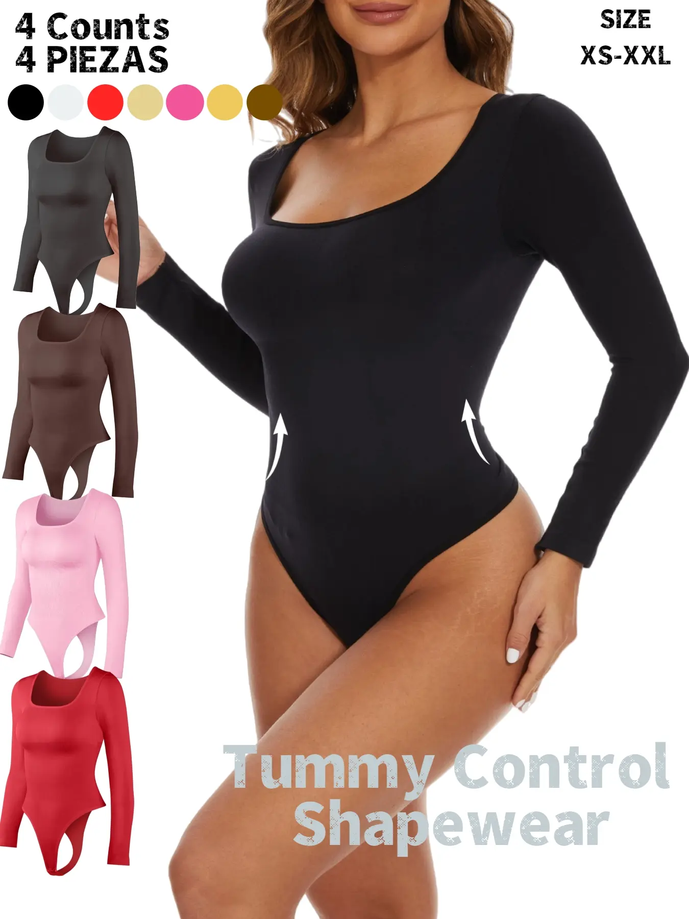 Women's Long Sleeve Shapewear Bodysuit, High Compression Shapewear, Thong Design, Square Neck Slimming Tummy Control, Tummy Tuck Compression, Women's Seamless Shapewear, Body Sculpting Compression, Bust Bodysuit, Abdomen Bodysuit
