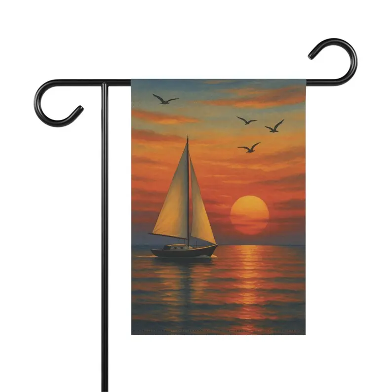 12x18 In Coastal Garden Theme Flag - Nautical Sailboat Sunset Design, Beach House Outdoor Decor, Summer Ocean Bird Scene, Housewarming Gift, Top Sleeve for Easy Pole Mount Placement