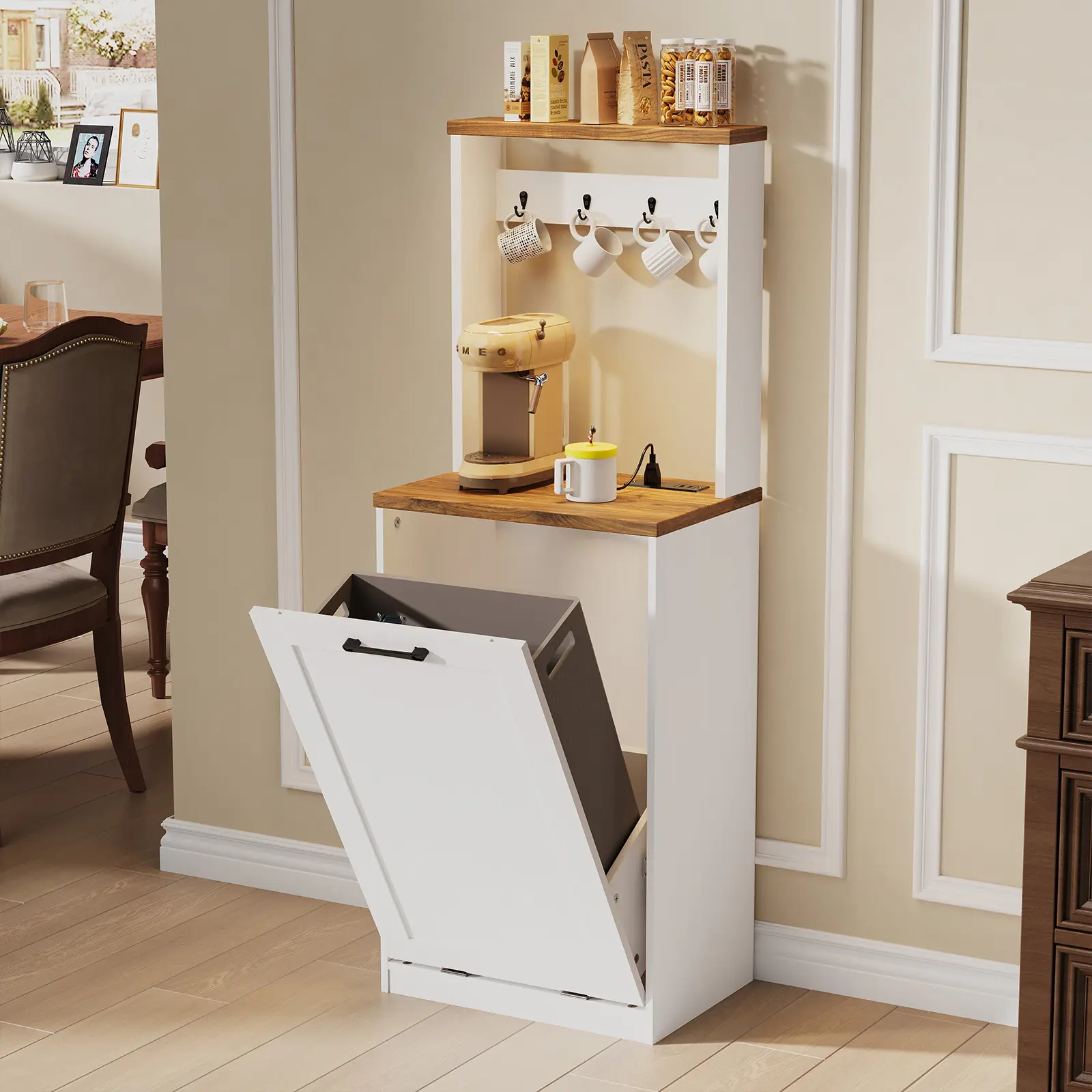 YATINEY Tilt Out Trash Can Cabinet with Charging Station, Kitchen Trash Bin Cabinet with Hooks, 10 Gallons Wooden Recycling Cabinet, Hidden Laundry Basket, for Kitchen, Laundry Room, White #SummerVibes#DealsforYouDays #SummerGarden
